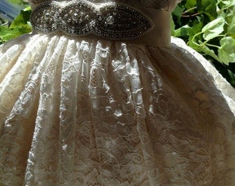 Christening - Sophia White 3/4 Sleeves Satin & Sequined Lace Gown