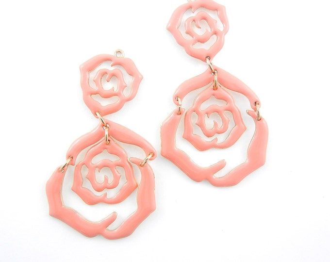 Pink Rose Flower Drop Charms Gold-tone