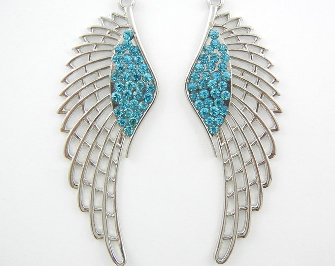 Pair of Rhinestone Cut-out Wing Charms Blue Turquoise Rhinestones Silver-tone