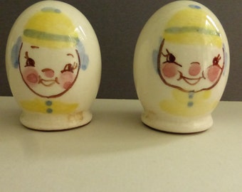 Vintage Mid Century Gayet California Pottery Egg Shaped Clown Salt and Pepper Shakers