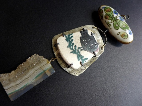 Petrichor. Rustic assemblage pendant with sea pottery, ceramic, agate slice.