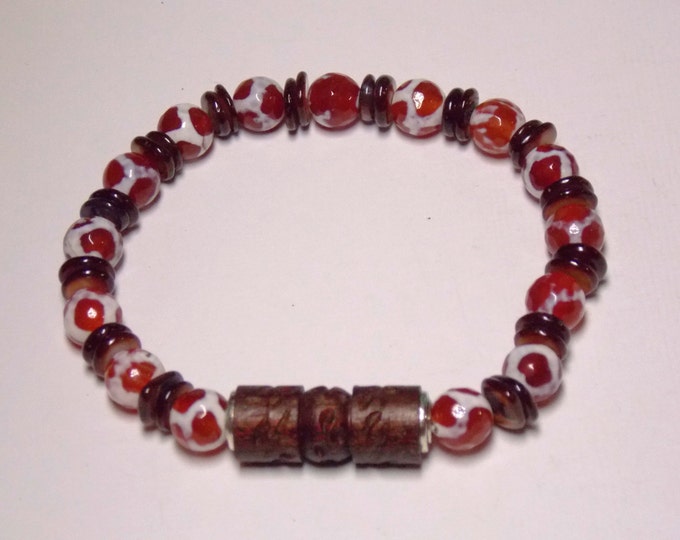 Mens Bracelet Semiprecious Gemstone Bracelet Tibetan Agate Shell Wood Bracelet Natural Elements Prayer Bracelet Mens Fashion