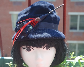 Vintage 1940s Glenover Henry Pollak Navy Blue Vintage Hat with Red Feather Accents