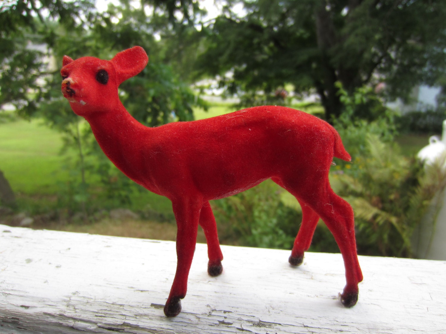 Vintage Red Flocked Deer Christmas Decor
