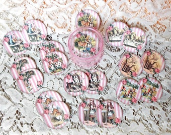 Alice in Wonderland Box with set of 20 Round STICKERS- Alice in Wonderland party Alice in Wonderland jewelry storage Alice round plastic box