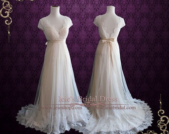 Champagne Whimsical Empire Lace Wedding Dress with Cap Sleeves and Open Back | Charissa
