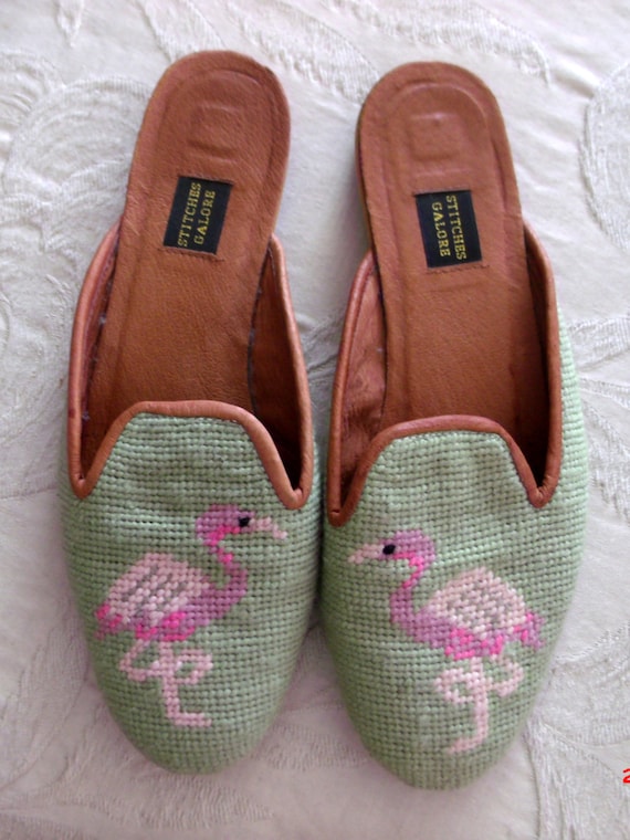 Vintage Needlepoint FLAMINGO Shoes Mules Size8 8 1/2 M