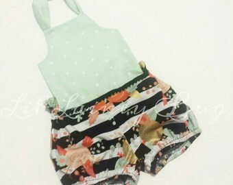 Halter Sunsuit Romper - Mint Triangles, Stripes and Floral- Baby Toddler Girl - Shorties - Perfect for Spring Summer Fall - Pom Pom Accents