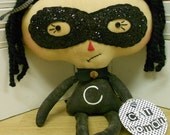 CAT WOMAN DOLL Handmade Primitive HaLLoWeeN Raggedy Ann Annie Doll with Black Glittered Mask and Tag Hafair