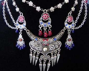 Tribal Belly Dance Inspired Silver Necklace in Red and Blue