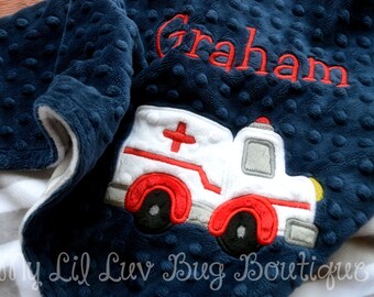Personalized baby blanket- baby boy navy blue grey and white chevron ambulance- 30x35 stroller blanket