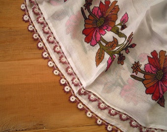 white cotton scarf, beaded edge, pink red flower