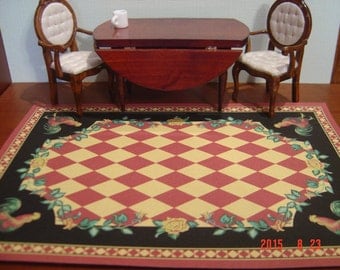 Floor cloth rooster checkerboard rug dollhouse miniature 1:12 scale