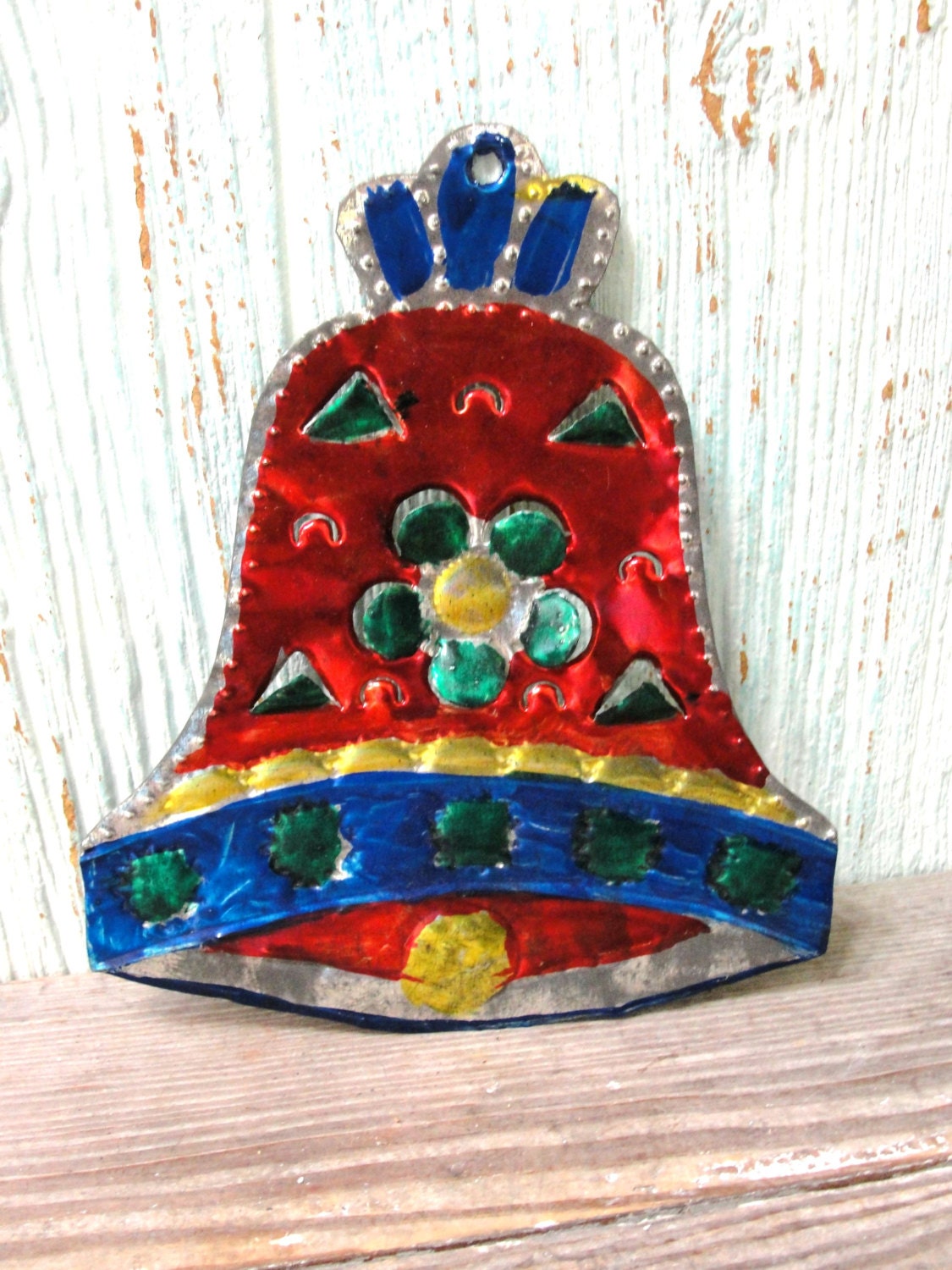 Vintage Tin Mexican Folk Art Hand Painted Dimensional Bell