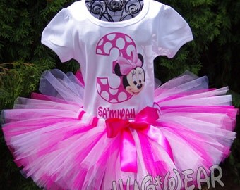 Custom Birthday Baby Minnie Mouse Face Shirt + Tutu Outfit In Pinks and white (any age)