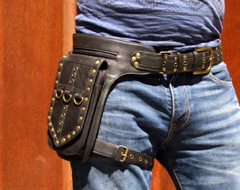 Leather Leg Holster Utility Belt Thigh Bag Steampunk Unisex Festival Hip Belt Bag with Pockets Biker Bag in Black HB31d *Free Shipping*