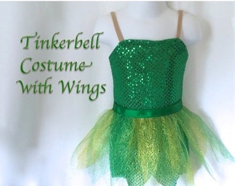 3T/4T Tinkerbell-inspired Fairy Costume Green sparkle with Leaf Skirt and Fairy Wings