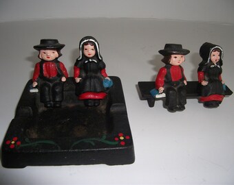 Vintage Amish cast Iron miniature figurines and Ashtray/ hand made hand painted Amish figurines with Ashtray