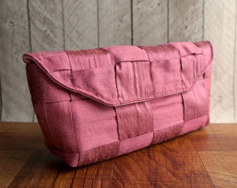 Clutch bag, rose pink purse, pink silk clutch, woven clutch purse, gift for her