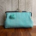 Clearance. Gingham purse, turquoise silk clutch bag with flower, turquoise clutch, turquoise blue clutch
