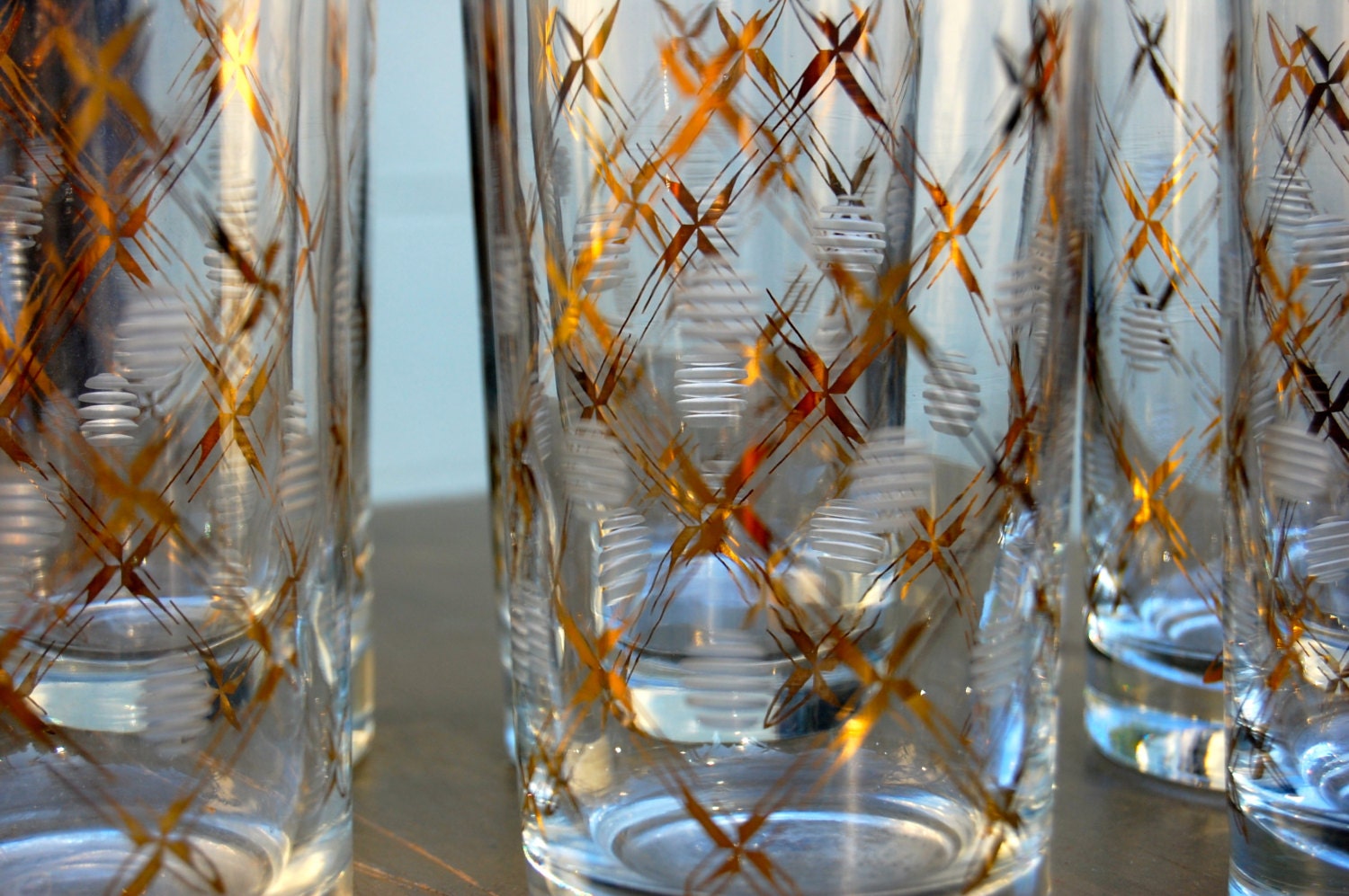 Set of 8 vintage fancy drinking glasses. Etched with by hazelhome