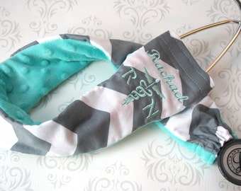 Embroidered RN Stethoscope Cover - Registered Nurse - Gift - Dark Gray Chevron with Aqua - Nurse's Gift, Graduation Gift