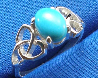 Celtic Triskel Ring with Robin Egg Blue Turquoise, Hand Crafted Recycled Sterling Silver, December birthstone, handmade