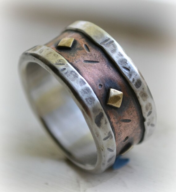 mens wedding band rustic fine silver copper and brass