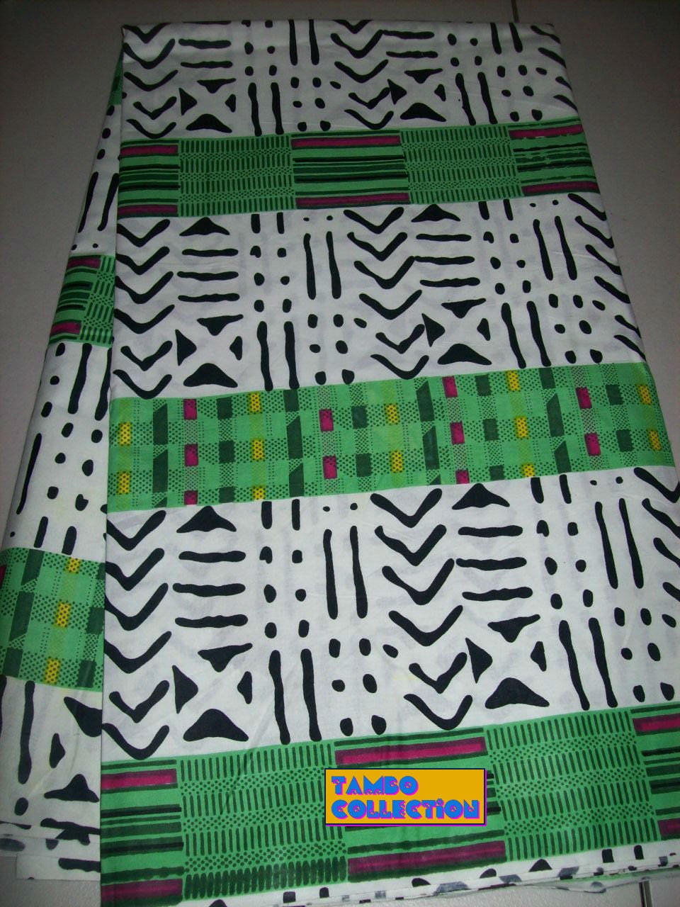 Black White Green Kente tribal print fabric by the yard/