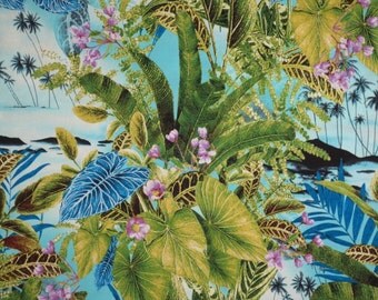 REMNANT--Green and Blue Tropical Leaves Print Pure Cotton Fabric--1/2 Yard