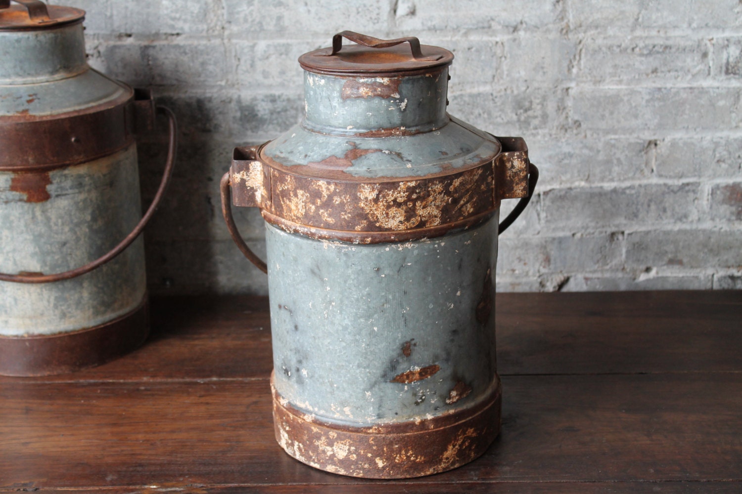 Antique Distressed Indian Metal Milk Jug Industrial Farm Chic