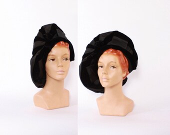 Vintage 40s Platter HAT / 1940s Black Satin & Velvet Dramatic WWII era Tall Halo Beret