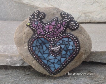 Pink Bird on a Blue Heart Mosaic -Garden Stone