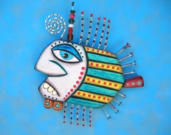 Gangster Fish IX, Original Found Object Sculpture, Wall Art, Wood Carving, Wall Decor, by Fig Jam Studio