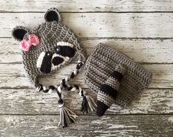 Little Miss Raccoon Hat and Matching Daiper Cover/ Raccoon Costume in Gray, Black and White Available in 5 Sizes- MADE TO ORDER