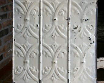 12" Antique Tin Ceiling Tile - Wall Tin -- Cream Colored Paint with Pretty Repeating Pattern