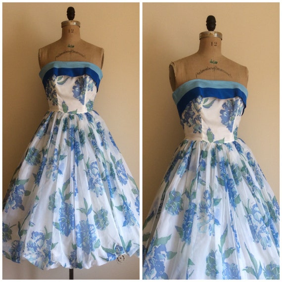 Items similar to Vintage 1950's White Blue Floral Formal Dress 50's ...