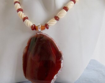 Rust Color Large Agate Slab with Ivory Bone Beads Necklace