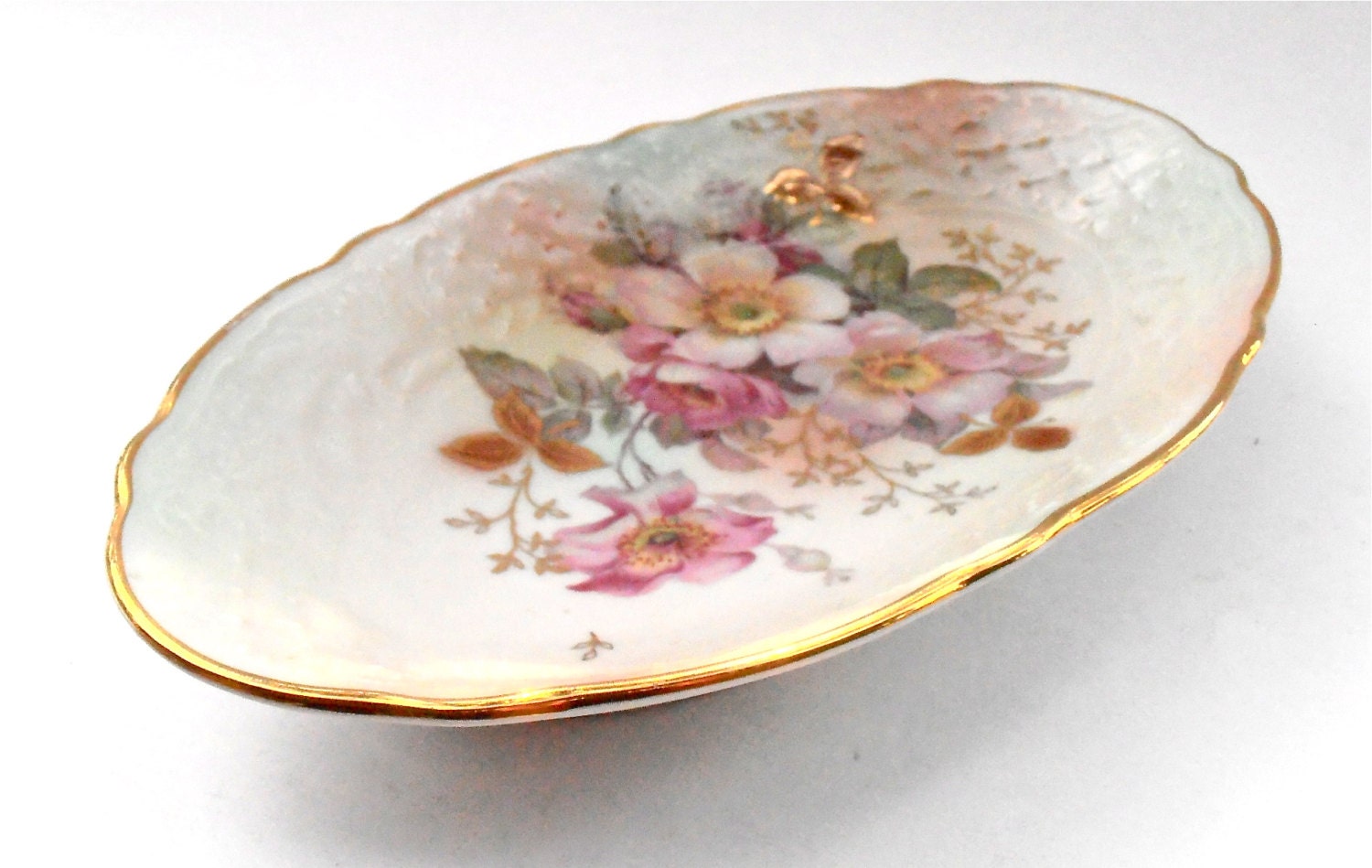 Vintage Wild Rose Ceramic Oval Plate Schumann Arzberg Cream Pink Pastel ...