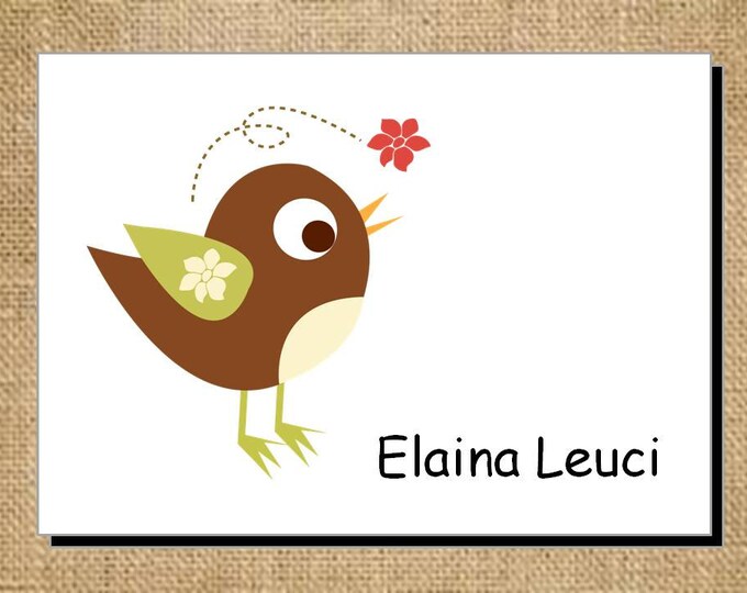 Set of Personalized Folded Blank Brown Bird Note Cards - Thank You Cards - Stationery