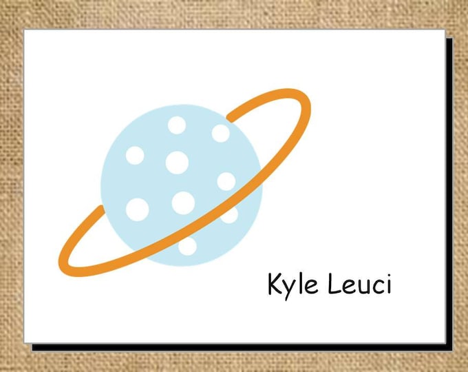Set of Personalized Cute Alien Planet Spaceship Folded Note Cards - Thank You Cards - Blank Cards - Blue Green Orange Brown Stationery