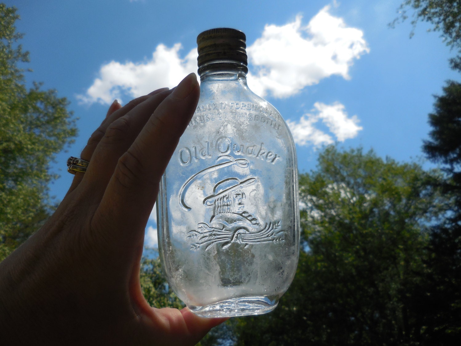 Vintage Old Quaker Liquor Bottle Embossed Glass 1930s to 1950s