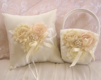 Flower Girl Basket and Pillow Vanilla Rose Blossom Ivory Ring Bearer Pillow, Flower Girl Basket Set Wedding Pillow