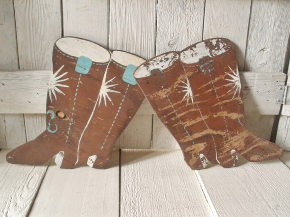 Vintage cowboy boot wood cutouts hand painted wall decor