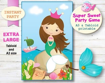 LARGE - Pin the Tail on the Mermaid Print, Mermaid Party Game, Girls Party Games, Pool Party Ideas, Cute Mermaid Decorations, Party Decor