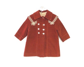 Vintage Baby Clothes, 1900's Rare Handmade Dark Red and Ivory Double Breasted Wool Baby Girl Coat Set, Vintage Baby Coat, Size 12-18 Months