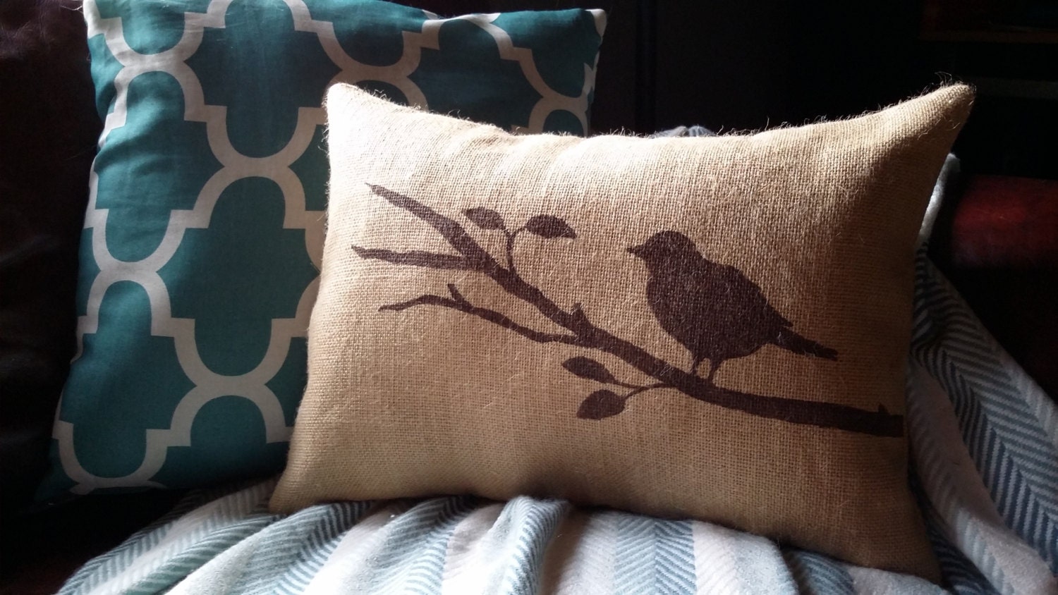 Bird Pillow Cover Burlap Pillow 12 x 18 by