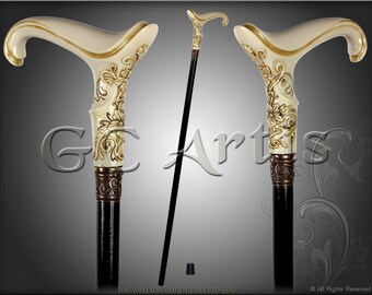 ELEGANT ladies ivory effect walking stick cane authors handmade top art with high quality rubber tip