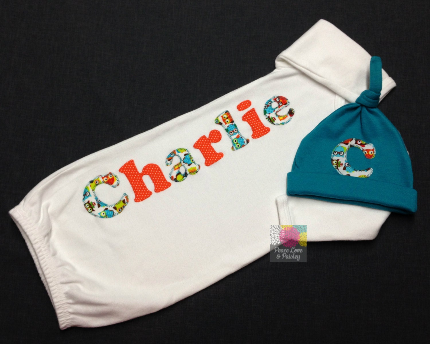 Personalized Baby Boy Gown and Hat Set Personalized Baby Boy