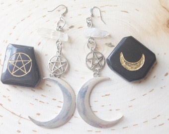 crescent moon earrings with pentagrams and quartz crystals
